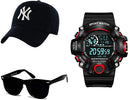 Boy's Combo Pack of Black Dial Digital Watch with Black Sunglass with baseball Cap Black